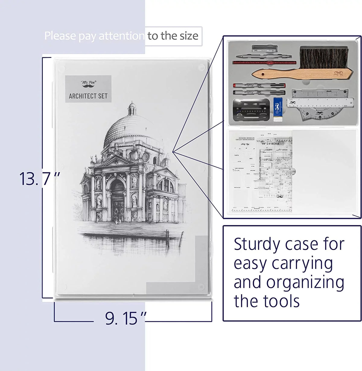 Pen- Architect Set, Professional Geometry Set, 17 Pcs, Compass and Protractor Set, Drafting Tools. Mr