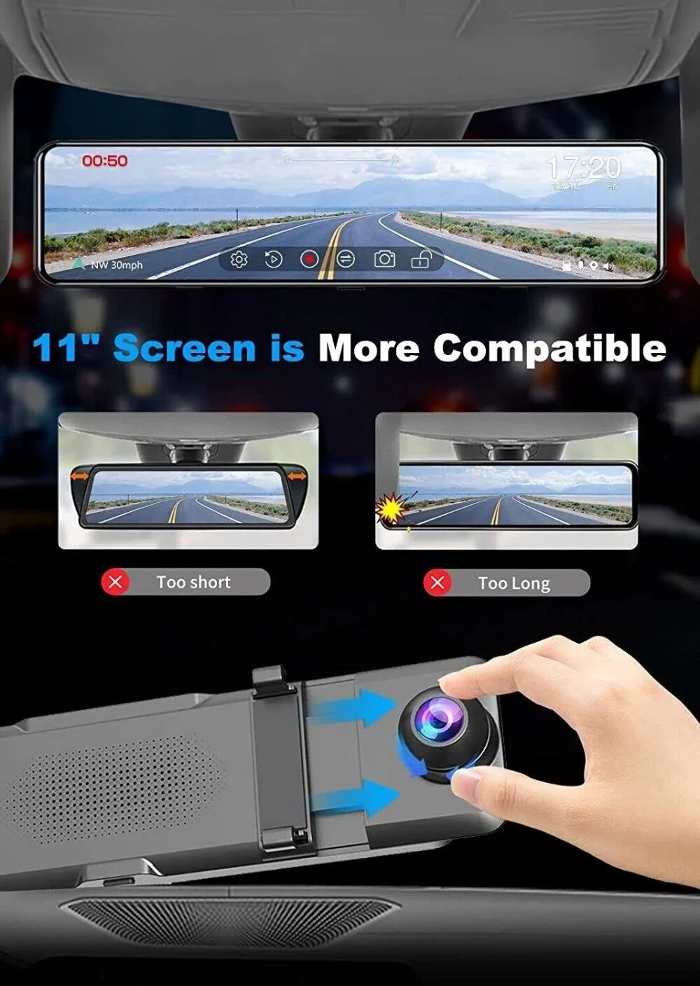 VVCAR  Dual Dash Cam 4K UHD  11" IPS Rearview Mirror Car DVR Camera Front Rear Video Recorder