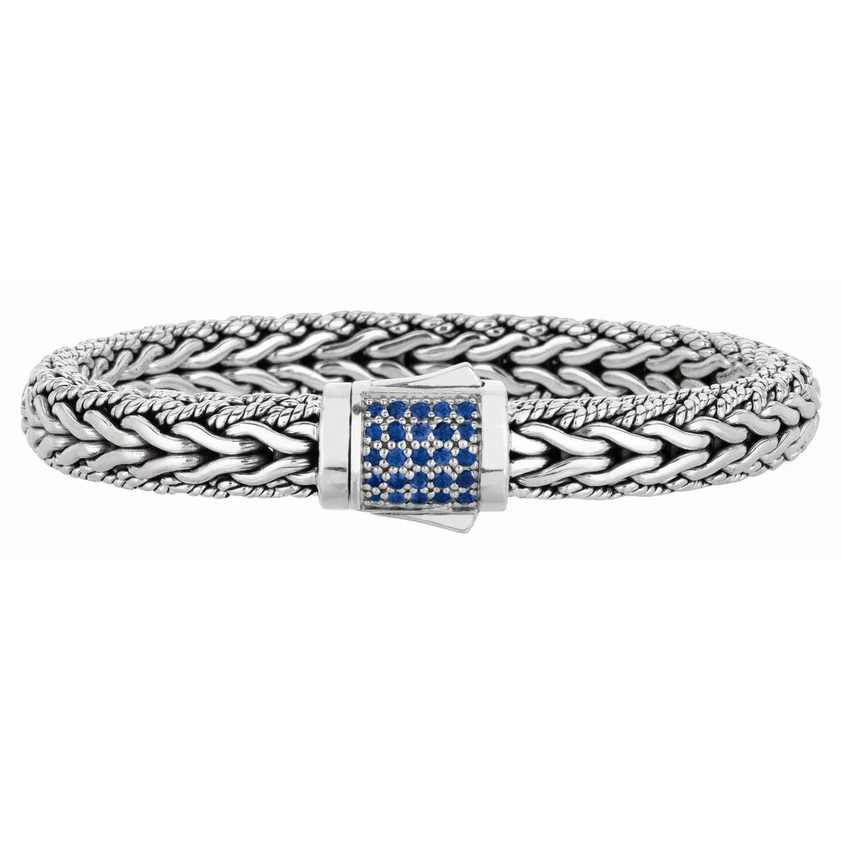 Designer Silver & Blue Sapphire Spiga Wheat Woven Bracelet - 8.25"