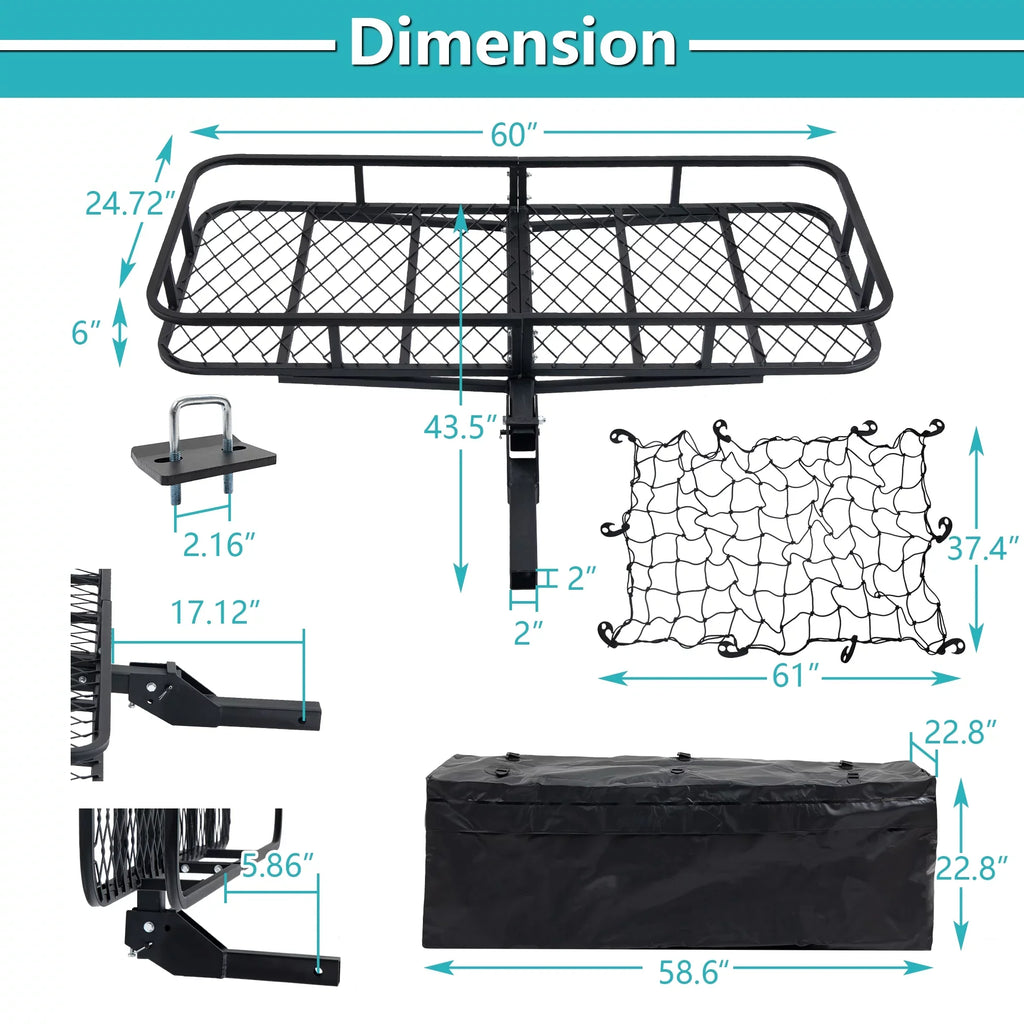 60" x 24" x 6" Hitched Mounted Folding Cargo Basket with Cargo Net, 500lb Capacity for Car SUV Truck Trailer, Black