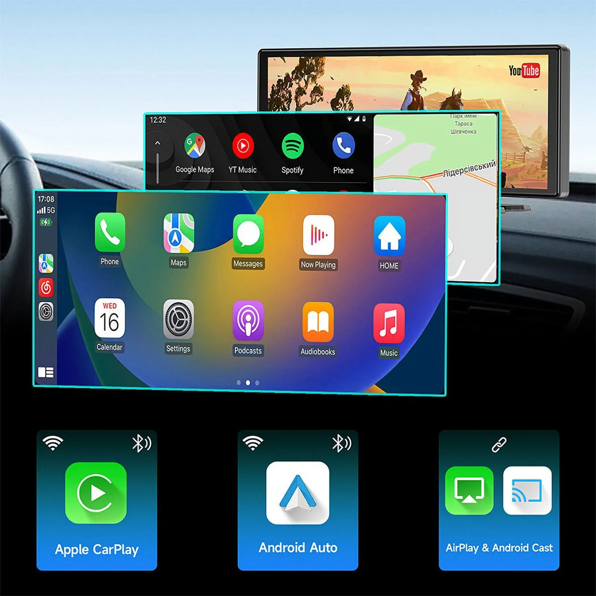 Spedal CL860 Portable CarPlay Screen with 4K Dash Cam Front and Rear- 9.3" Wireless  CarPlay ＆Android Auto Car Stereo  Bluetooth  GPS Navigation Head Unit Car Stereo Receivers 1080p Rear Camera