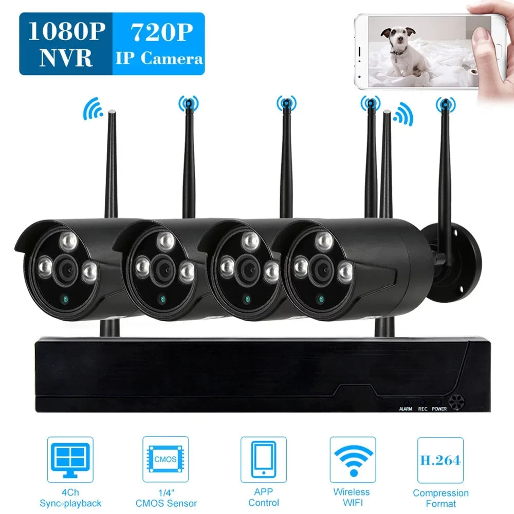 4CH 1080P HD WiFi NVR Kit with 4pcs 1.0MP Wireless WiFi Waterproof Outdoor IP Camera Support P2P IR-CUT Night Vision Phone Control Motion Detection for CCTV System
