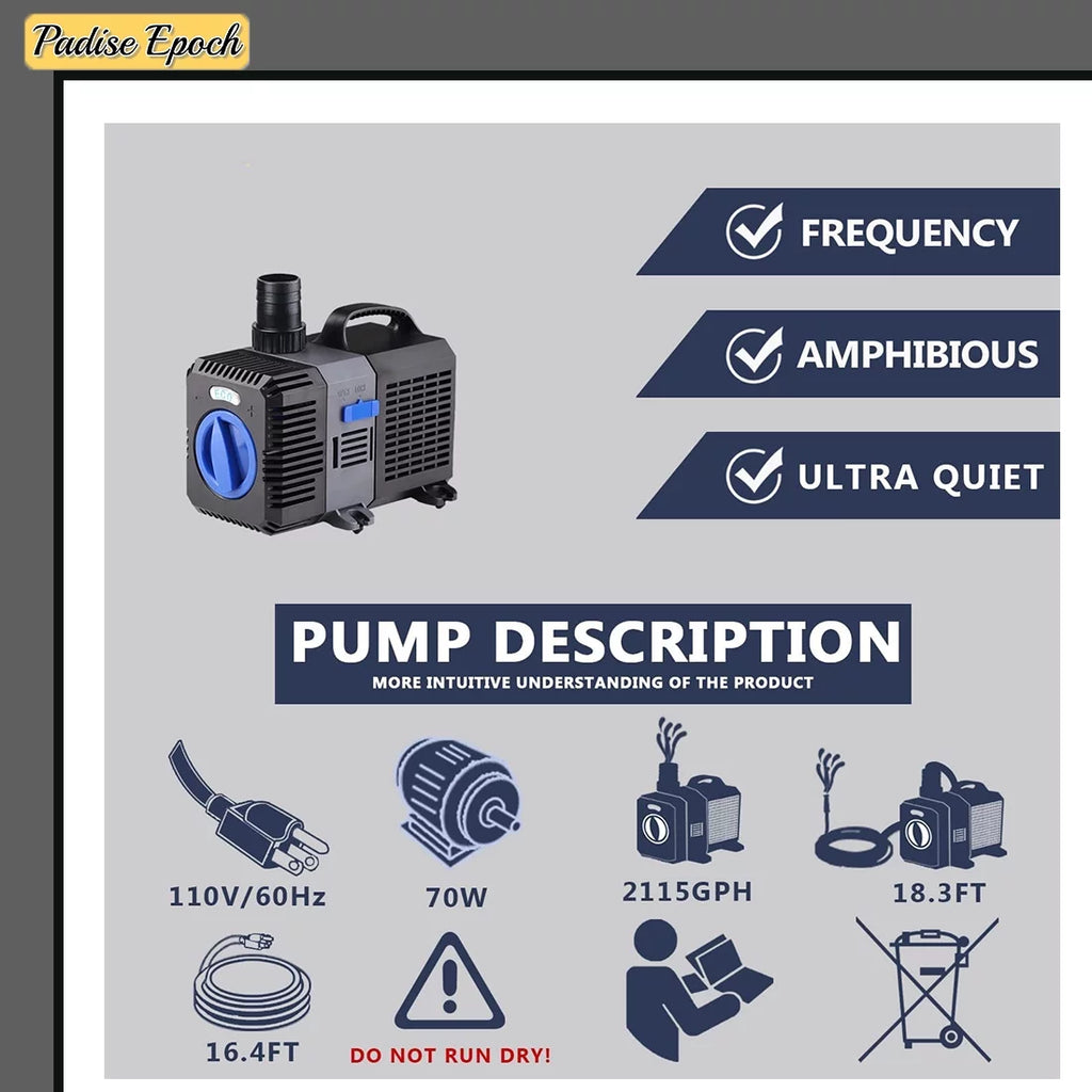 2115GPH Big Flow Adjustable Frequency Inline Fish Tank Fountain Aquarium Waterfall Salt Fresh Pond Submersible Filter aqua Pummp With Ceramic Shaft