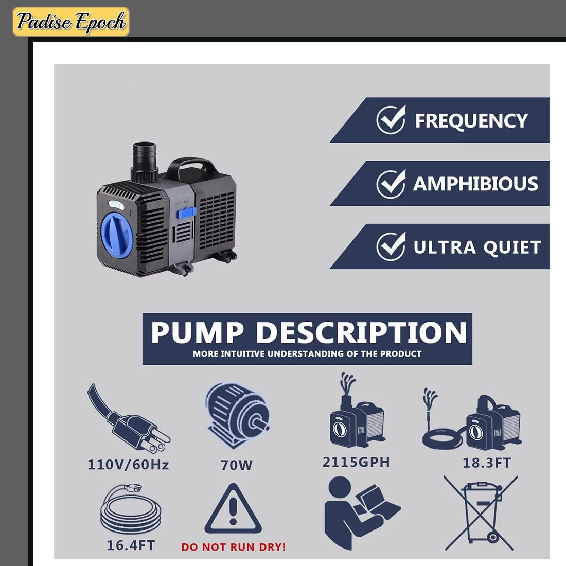 2115GPH Big Flow Adjustable Frequency Inline Fish Tank Fountain Aquarium Waterfall Salt Fresh Pond Submersible Filter aqua Pummp With Ceramic Shaft