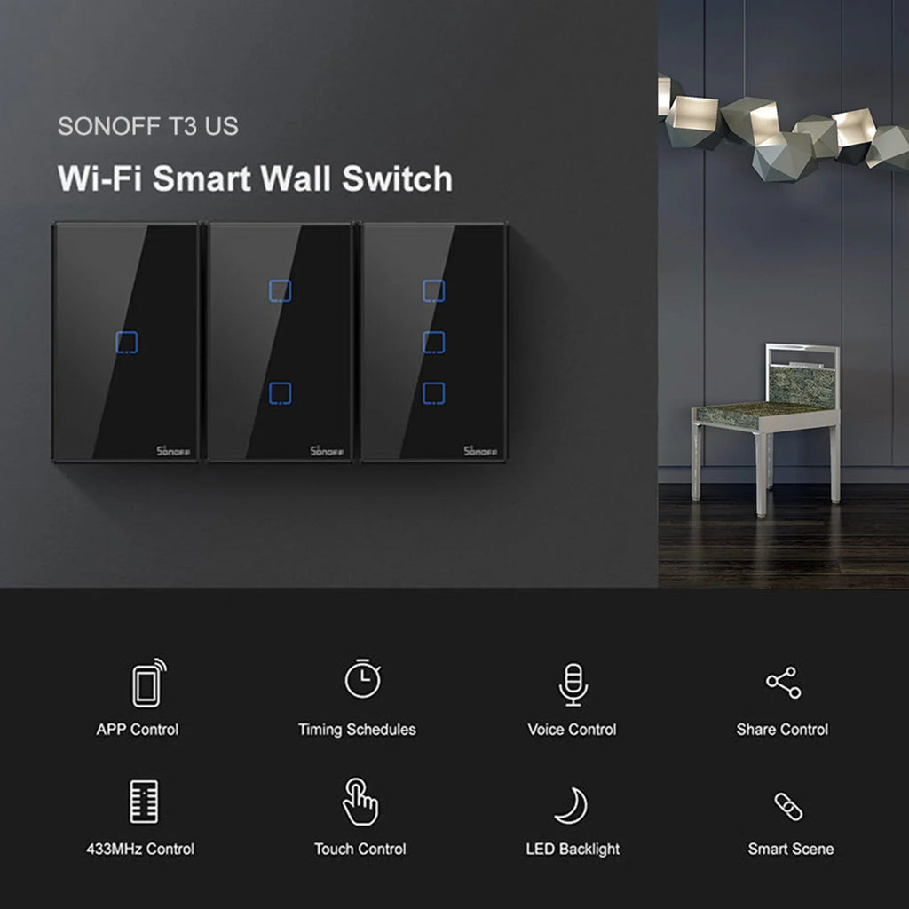 T3US2C-TX 2 Gang Smart WiFi Wall Light Switch 433Mhz RF Remote Control APP/Touch Control Timer US Standard Panel Smart Switch appropriate with Google Home/Nest & Alexa
