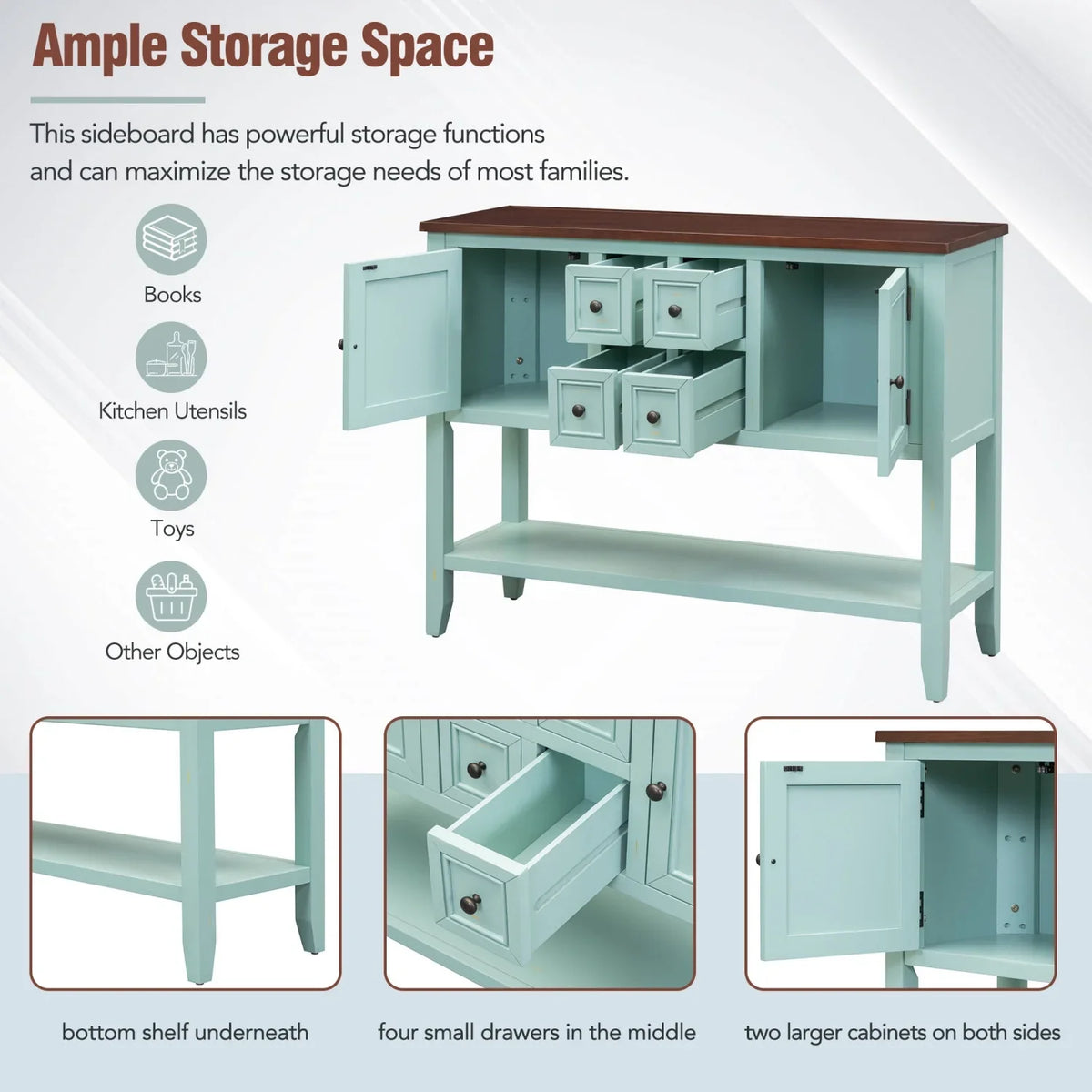 TREXM Cambridge Series Ample Storage Vintage Console Table with Four Small Drawers and Bottom Shelf for Living Rooms  Entrances and Kitchens (Lime White  OLD SKU  WF190263AAK)