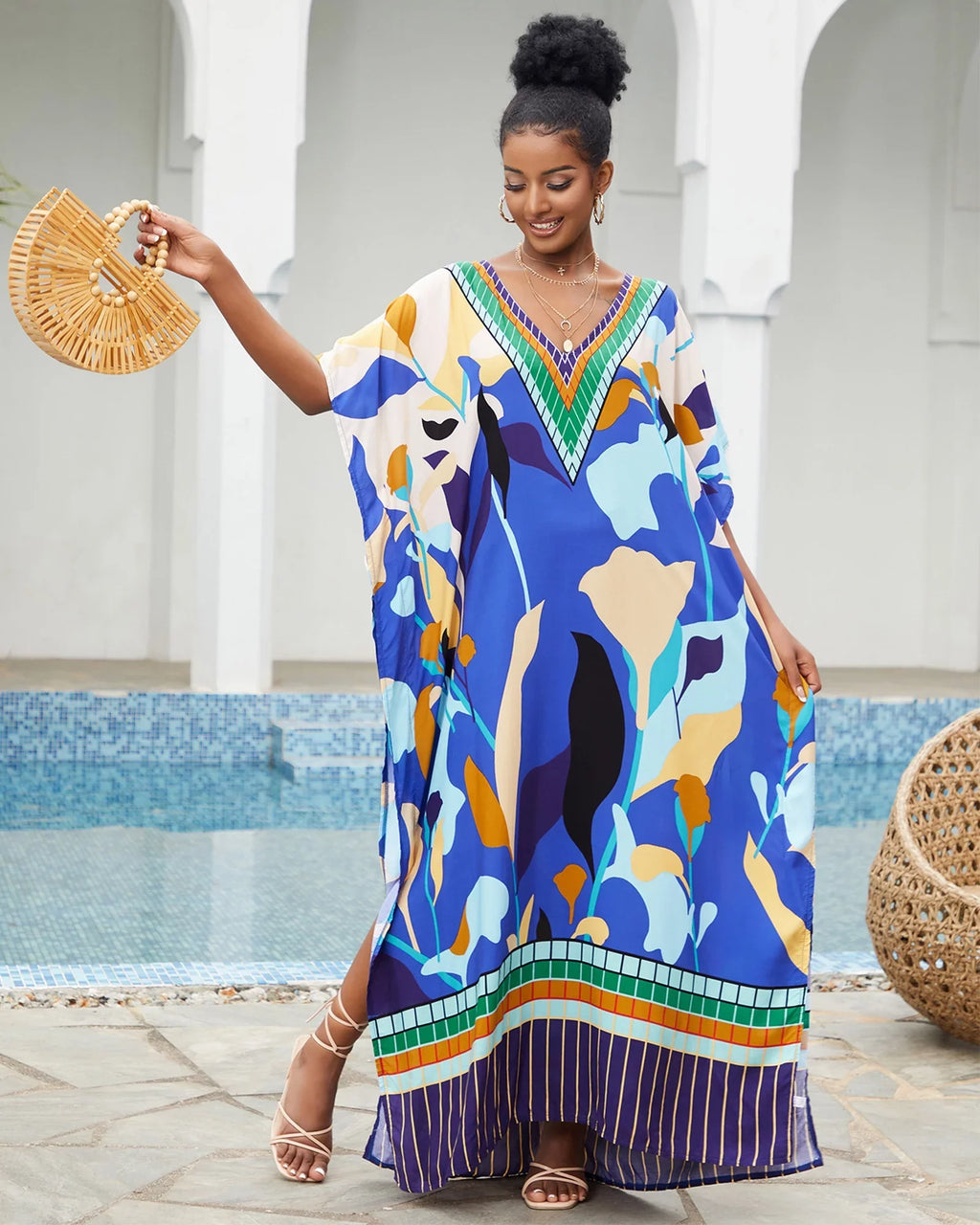 Edolynsa Bohemian Kaftan Dresses Plus Size Swimwear Bikini protector Up Casual Beachwear Long Tops