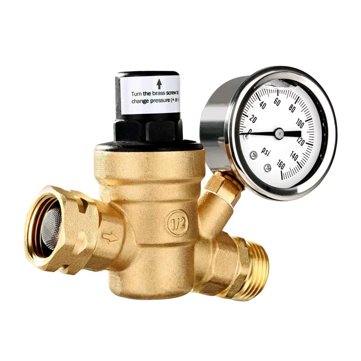 moobody Brass liquid Pressure Regulator Valve for RV Travel Trailer, Adjustable Reducer with Gauge and Inlet Screened Filter