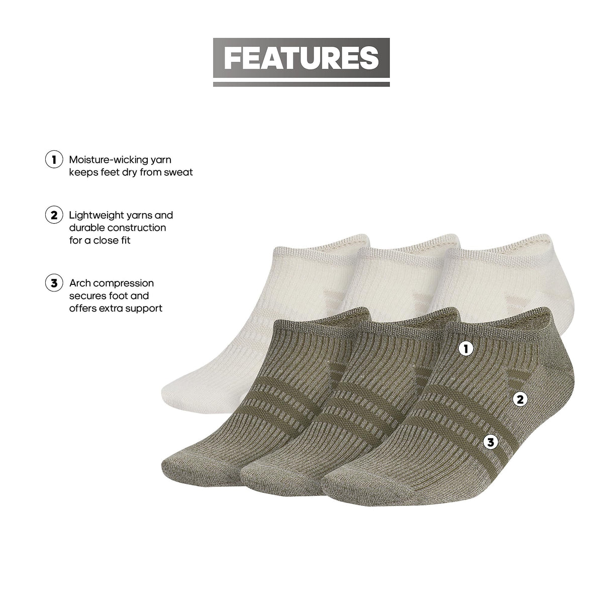 Men's Superlite 3.0 No Show Socks Low-Profile fit, Arch-Compression and Lightweight Breathable Construction (6-Pair), Off White/Putty Grey/Olive Strata Green, Large