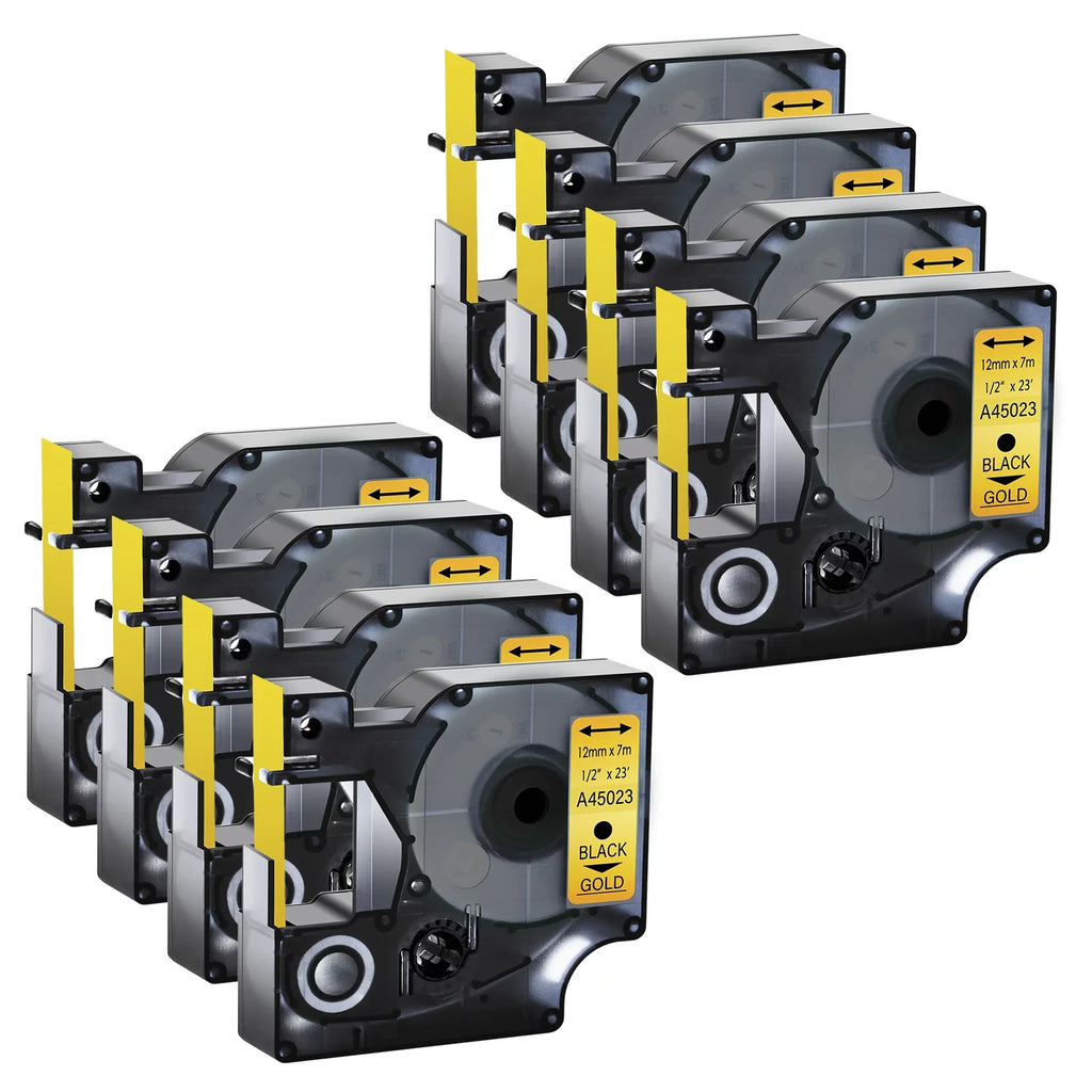 GREENCYCLE 8PK suitable for DYMO D1 Label Tape 45023 12mm 7m Black on Gold for LabelManager LabelPoint LabelWriter Label Maker