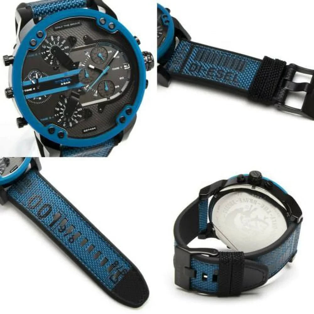 DADDY 2.0 MEN'S CHRONOGRAPH 4 TIME NYLON BLUE BLACK WATCH DZ7434 NEW. DIESEL MR