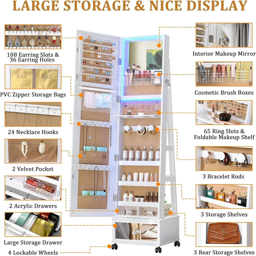 HAOFEI 360° Swivel Jewelry Mirror Cabinet with Lights, Standing Jewelry Armoire Organizer Rotatable Full Length Mirror with Jewelry Storage, Lockable with Rear Storage Shelves, Built-in Makeup Mirror