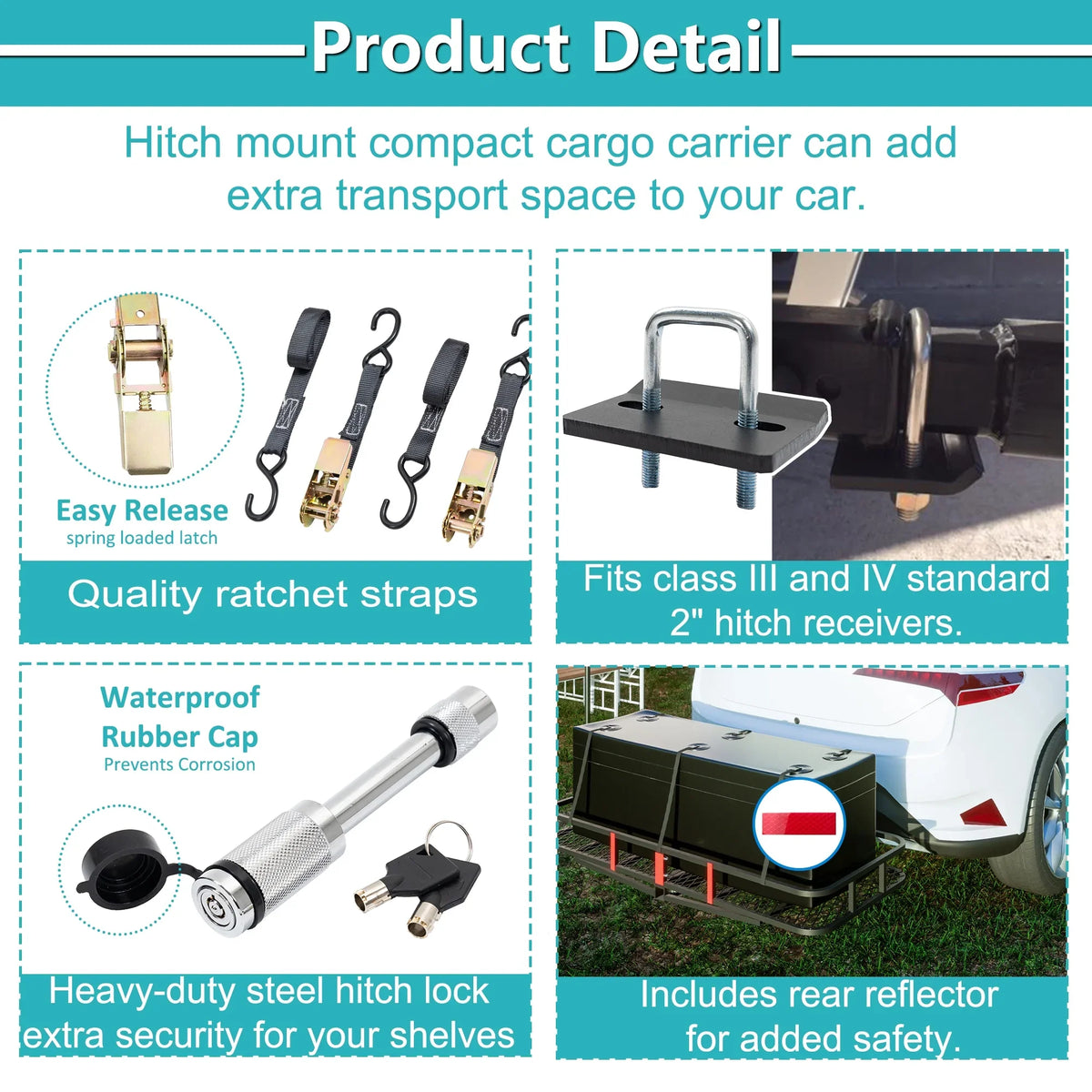 60" x 24" x 6" Hitched Mounted Folding Cargo Basket with Cargo Net, 500lb Capacity for Car SUV Truck Trailer, Black
