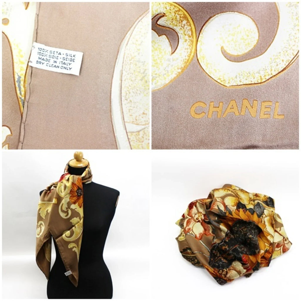 Brown CHANEL Ladies (New). Bird. Pre-Owned Chanel Silk Scarf Muffler Coco Mark Sunflower