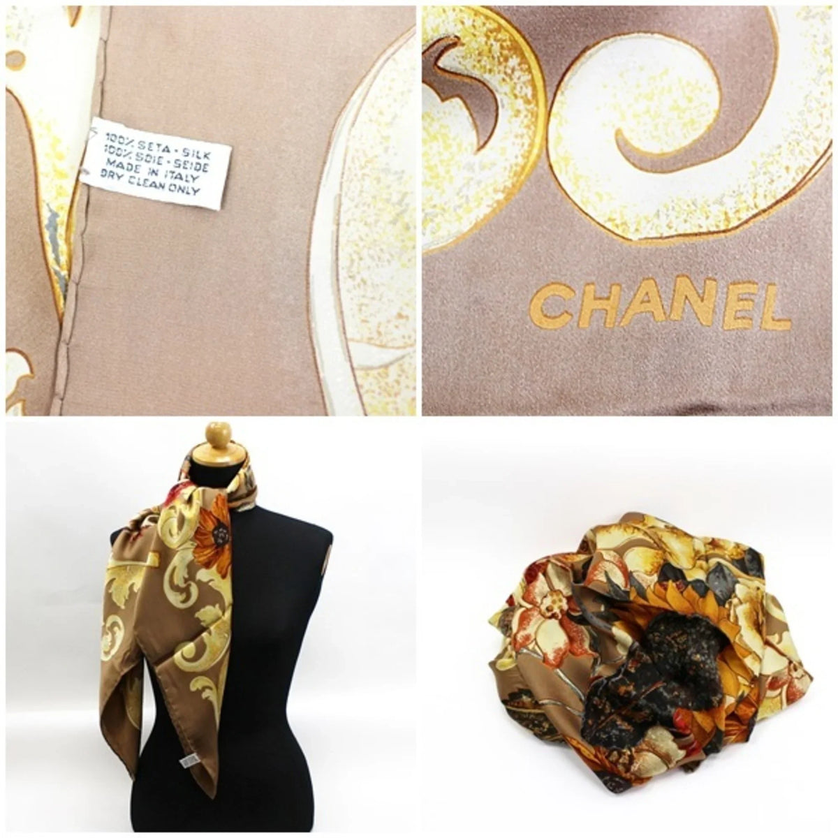 Brown CHANEL Ladies (New). Bird. Pre-Owned Chanel Silk Scarf Muffler Coco Mark Sunflower