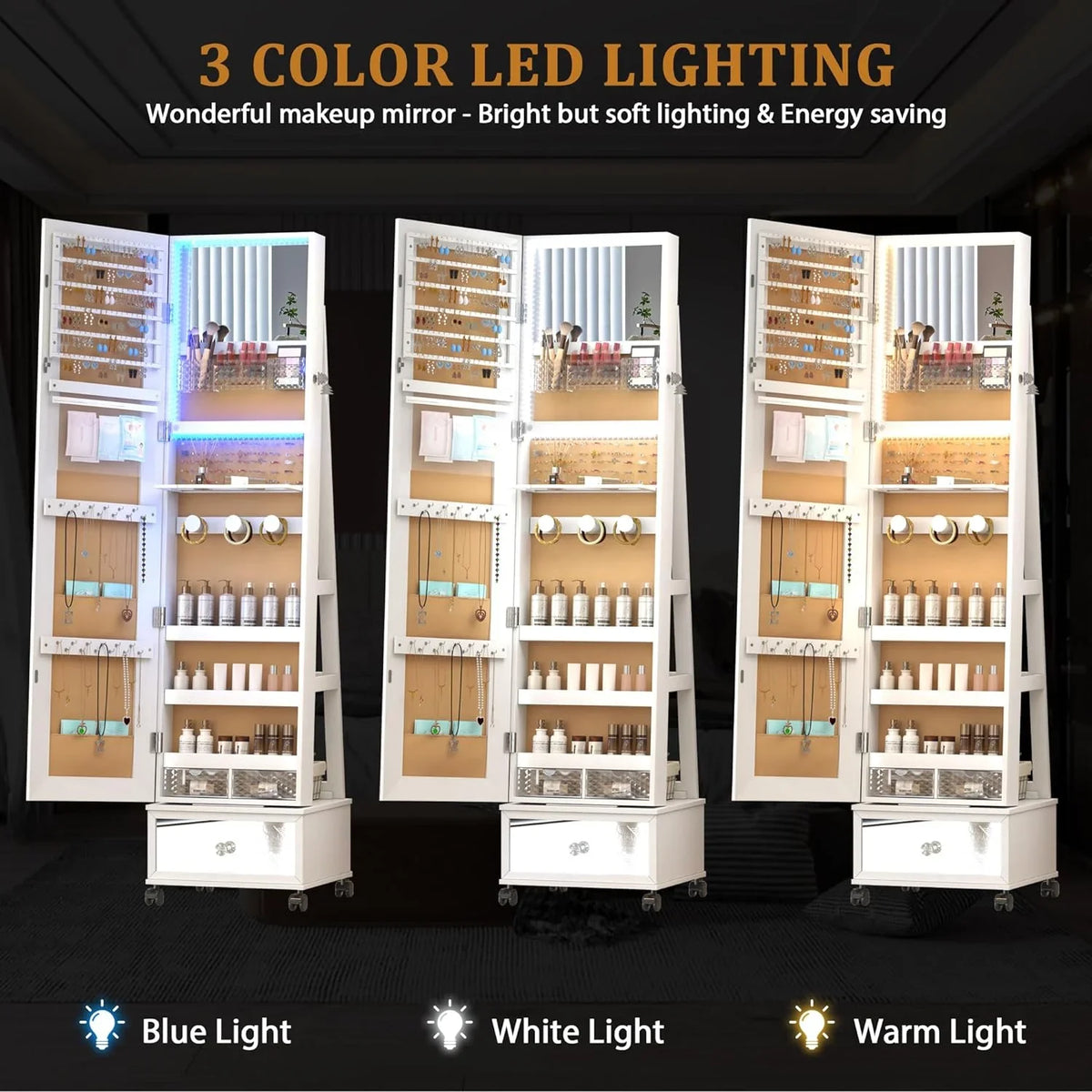 HAOFEI 360° Swivel Jewelry Mirror Cabinet with Lights, Standing Jewelry Armoire Organizer Rotatable Full Length Mirror with Jewelry Storage, Lockable with Rear Storage Shelves, Built-in Makeup Mirror
