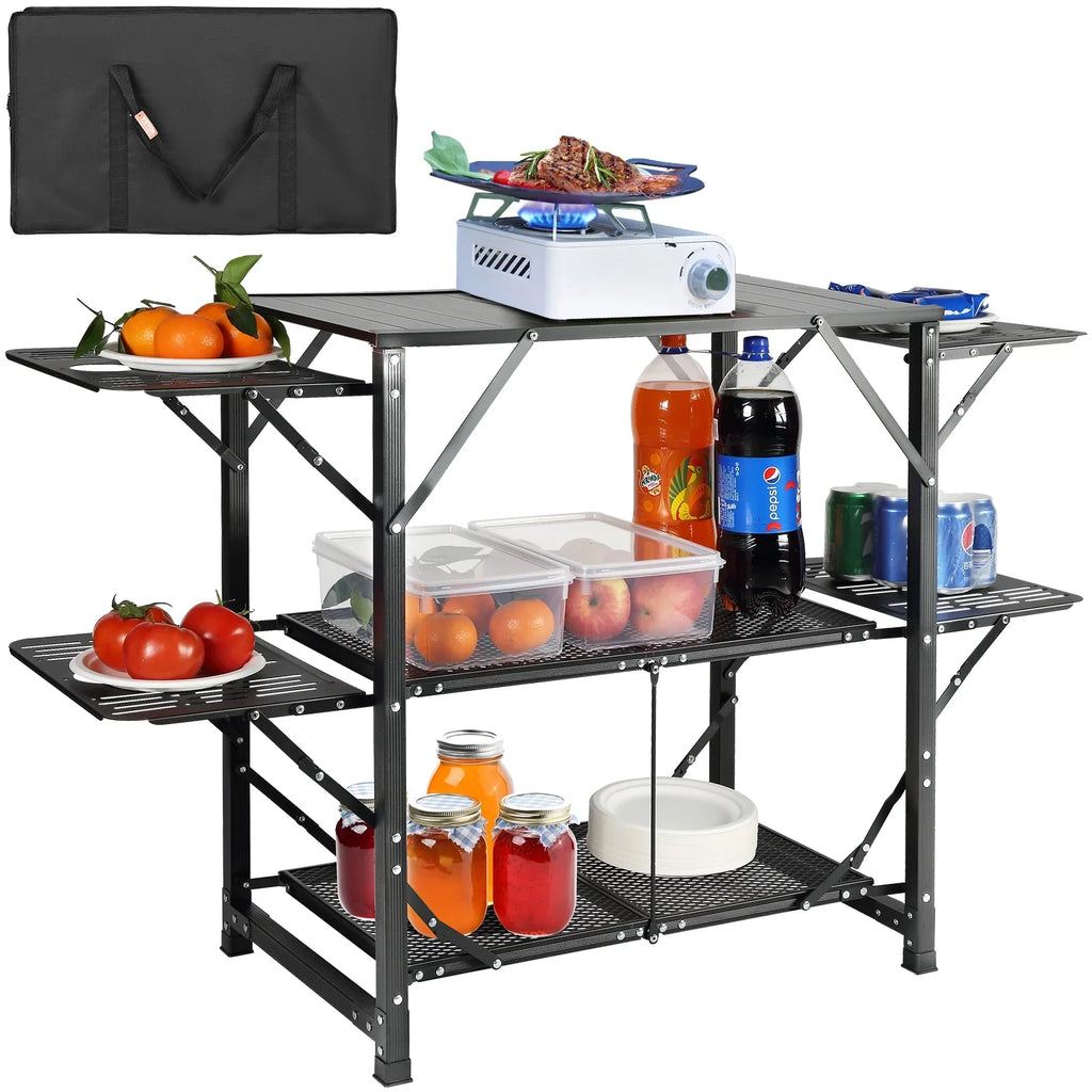 SKYSHALO Folding Portable Cook Station 5 Tables & 2 Shelves Camping Kitchen Table