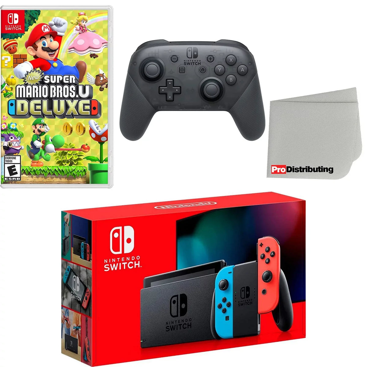 U Deluxe and Screen Cleaning Cloth. Nintendo Switch Console Neon Red & Blue with Extra Wireless Controller, New Super Mario Bros