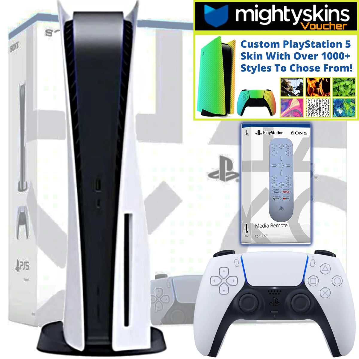PlayStation 5 Disk Console Bundle With PS5 Media Remote & MightySkins Custom PS5 Skin Voucher Limited Edition Bundle