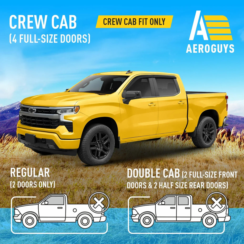 AG0422. AEROGUYS Tape-On Window Deflectors Extra Durable Window Visors Rain Guards Fit for Chevrolet (Chevy) Silverado 1500 2019-2024 Crew Cab, Sun Visors, Wind Vent Visors, Truck Accessories - 4pcs