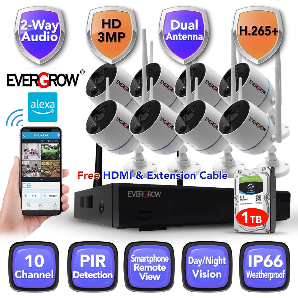 10 Channels, 3MP Wireless Security Camera System with Audio,8Pcs Surveillance NVR Kits, 1TB Hard Drive, Indoor Outdoor CCTV Cameras,P2P,Night Vision,AI Human DetectionCAM-WIFI-8CHS-WFS)