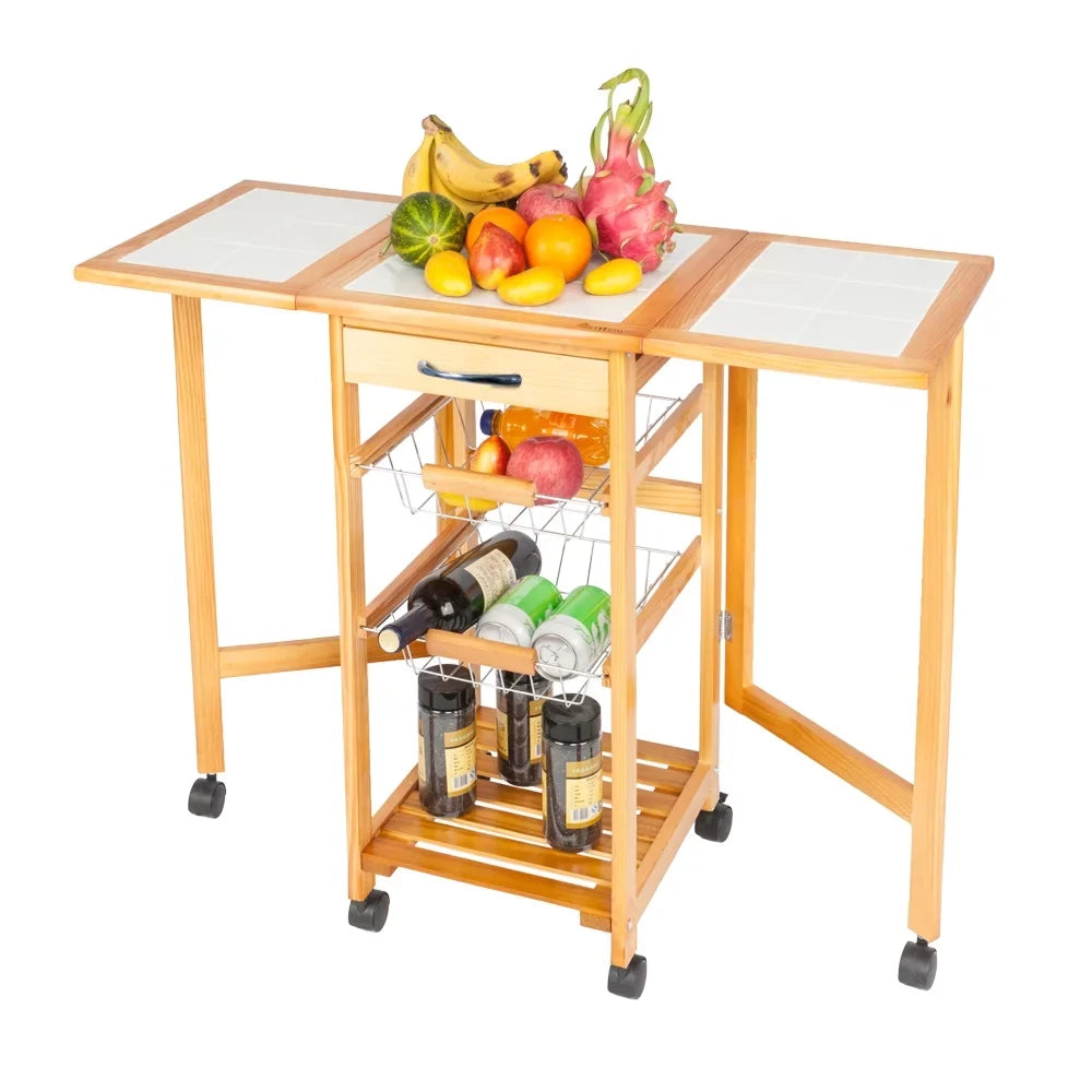 Zimtown  Drop Leaf Kitchen Island Trolley Cart with Storage Drawers Basket,Folding Rolling Protable