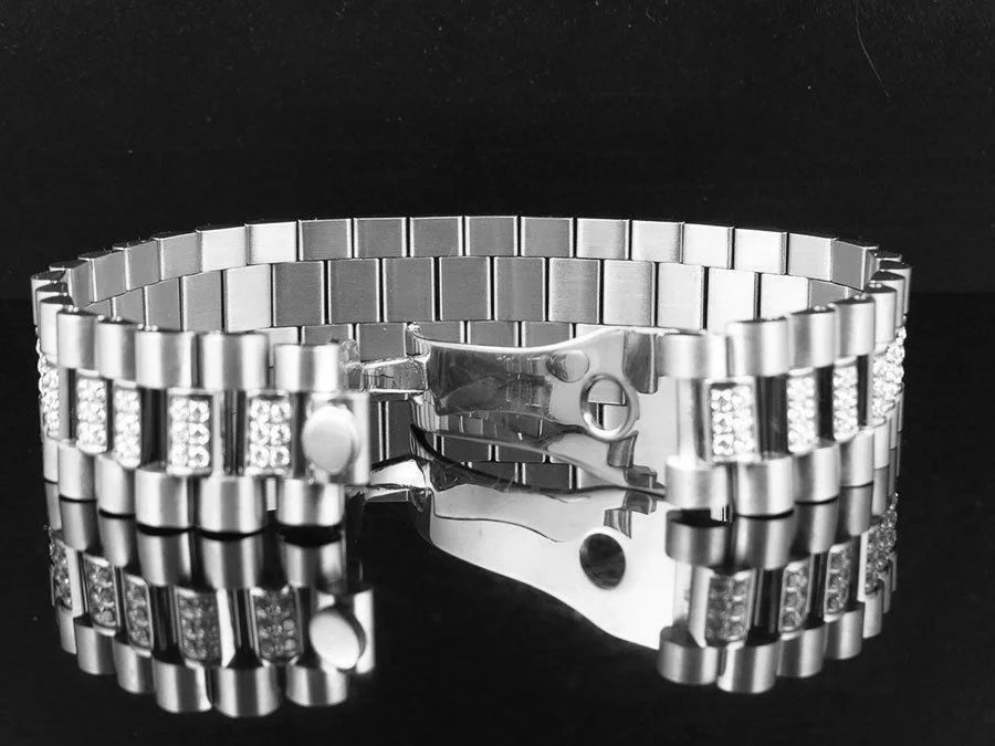 Mens White Gold Finish Stainless Steel Presidential Lab Diamond Bracelet (18MM)