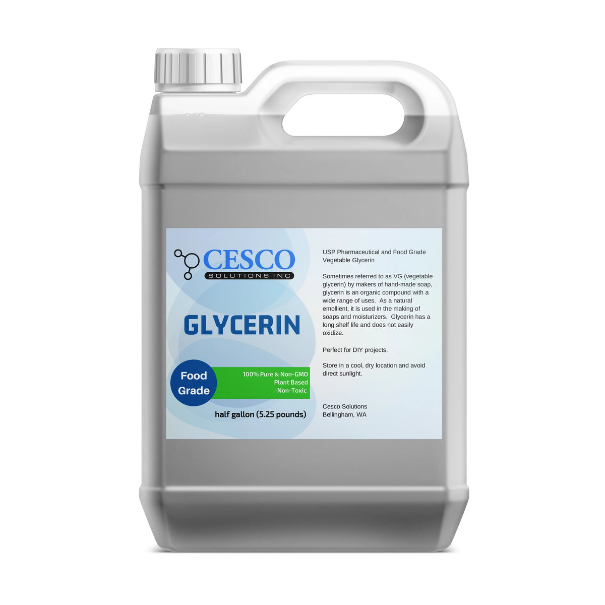 Cesco Solutions Pure Vegetable GLYCERIN - Plant-Based, Non-GMO, Non-Toxic Liquid Glycerin for DIY Soap Making - Natural Emollient Ingredient for Skin Moisturizers in Spill-Free Packaging - 64 Oz