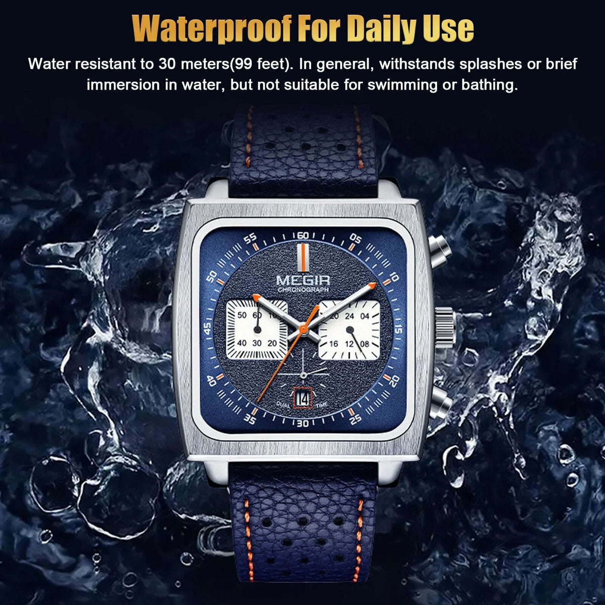 Fashion MEGIR Square Men Watch Luminous Quartz Waterproof Calendar Leather Wrist