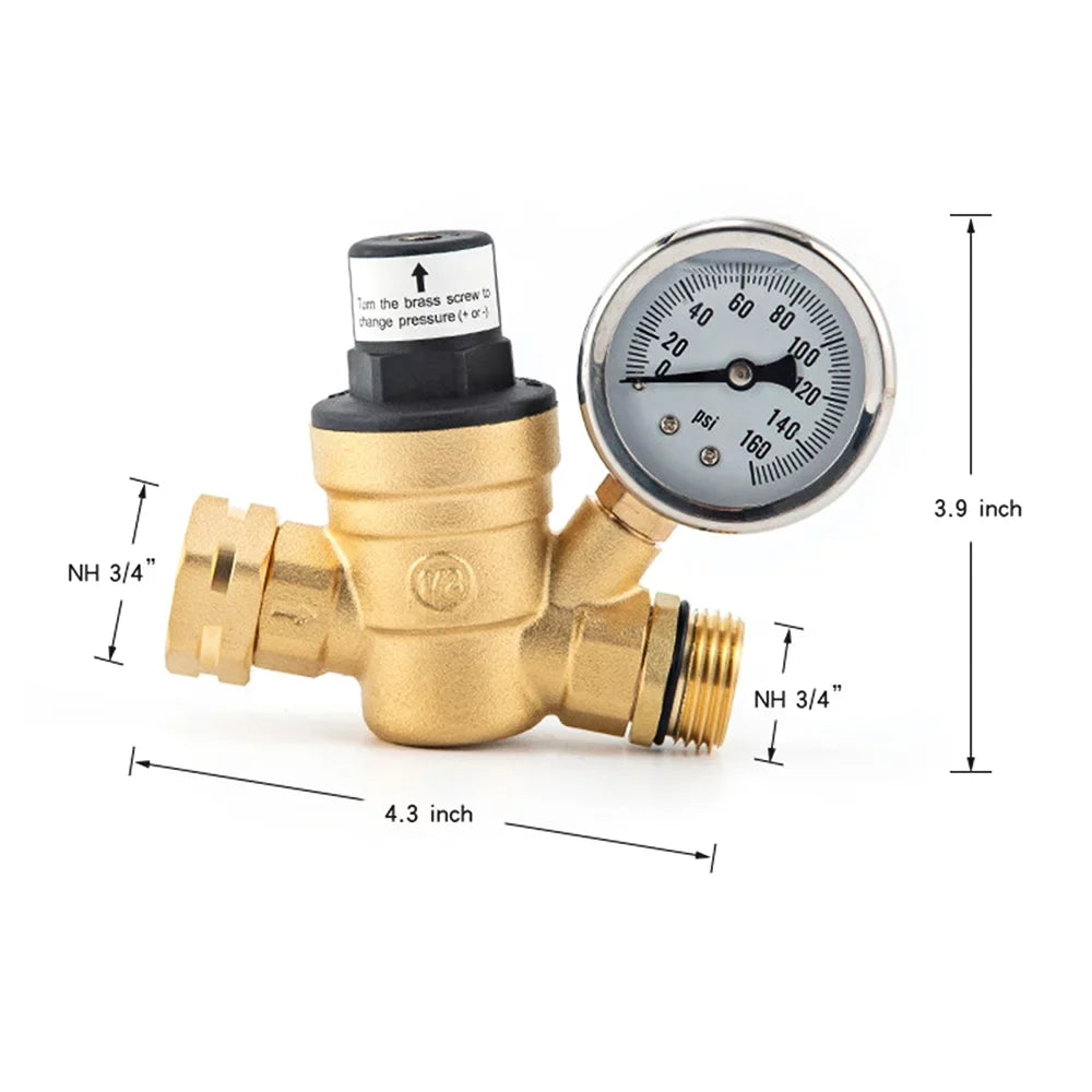 moobody Brass liquid Pressure Regulator Valve for RV Travel Trailer, Adjustable Reducer with Gauge and Inlet Screened Filter