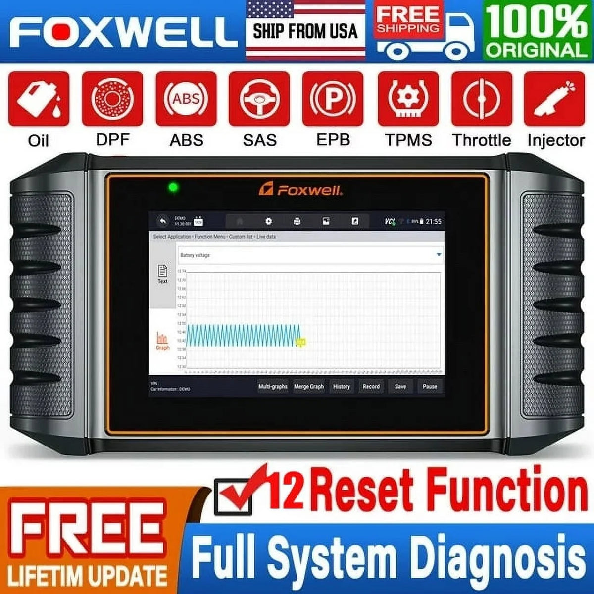 Foxwell NT726 OBD2 Scanner All Systems Diagnostic Tool ABS Bleeding SAS Calibration Oil EPB Throttle Reset 12 Maintainence Services Car Code Reader Free Update with a 5.5inch Touchscreen