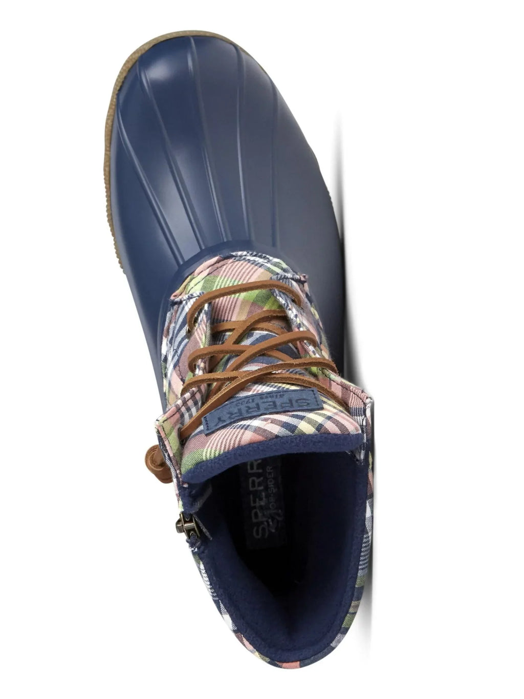 SPERRY Womens Blue Plaid Lace Non-Marking liquid impervious Saltwater Round Toe Block Heel Zip-Up Duck Boots 8.5 M