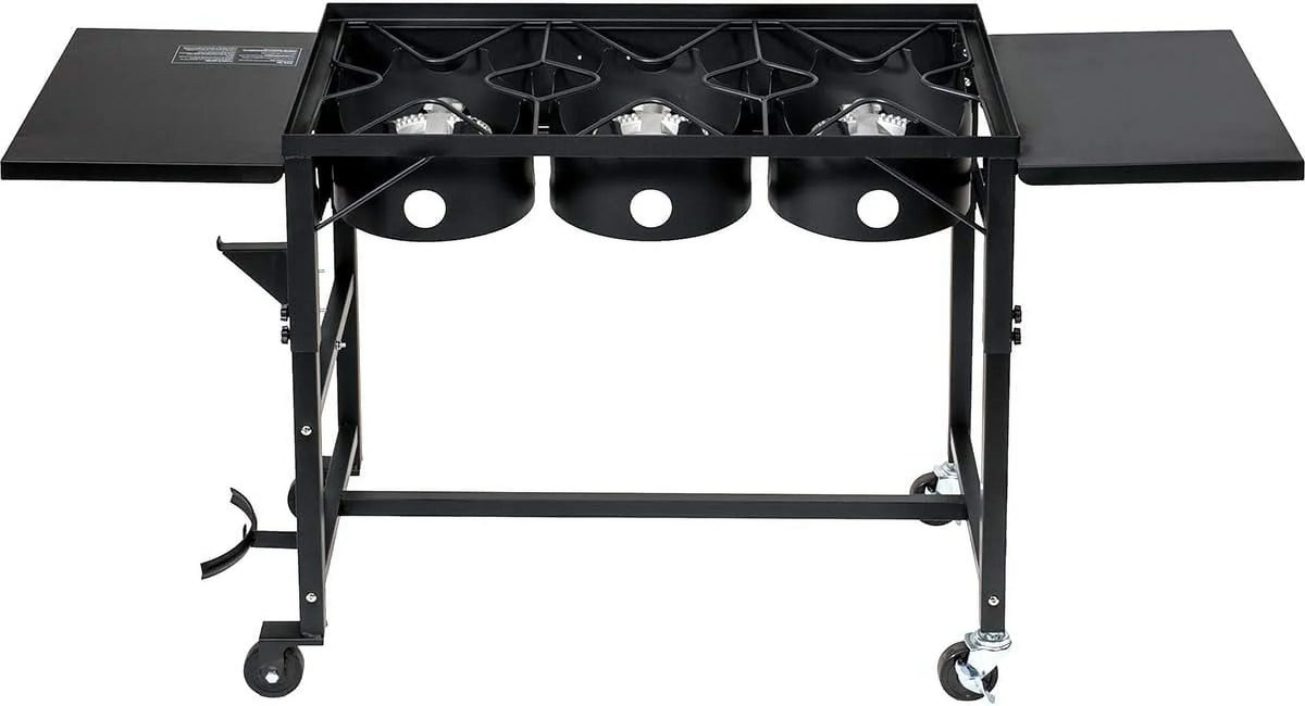 Portable Propane 87,000-BTU Triple-Burner Outdoor Camp Stove Side Table Patio Cooking Wheel W/Regulator 4 Hook Utensil Holder
