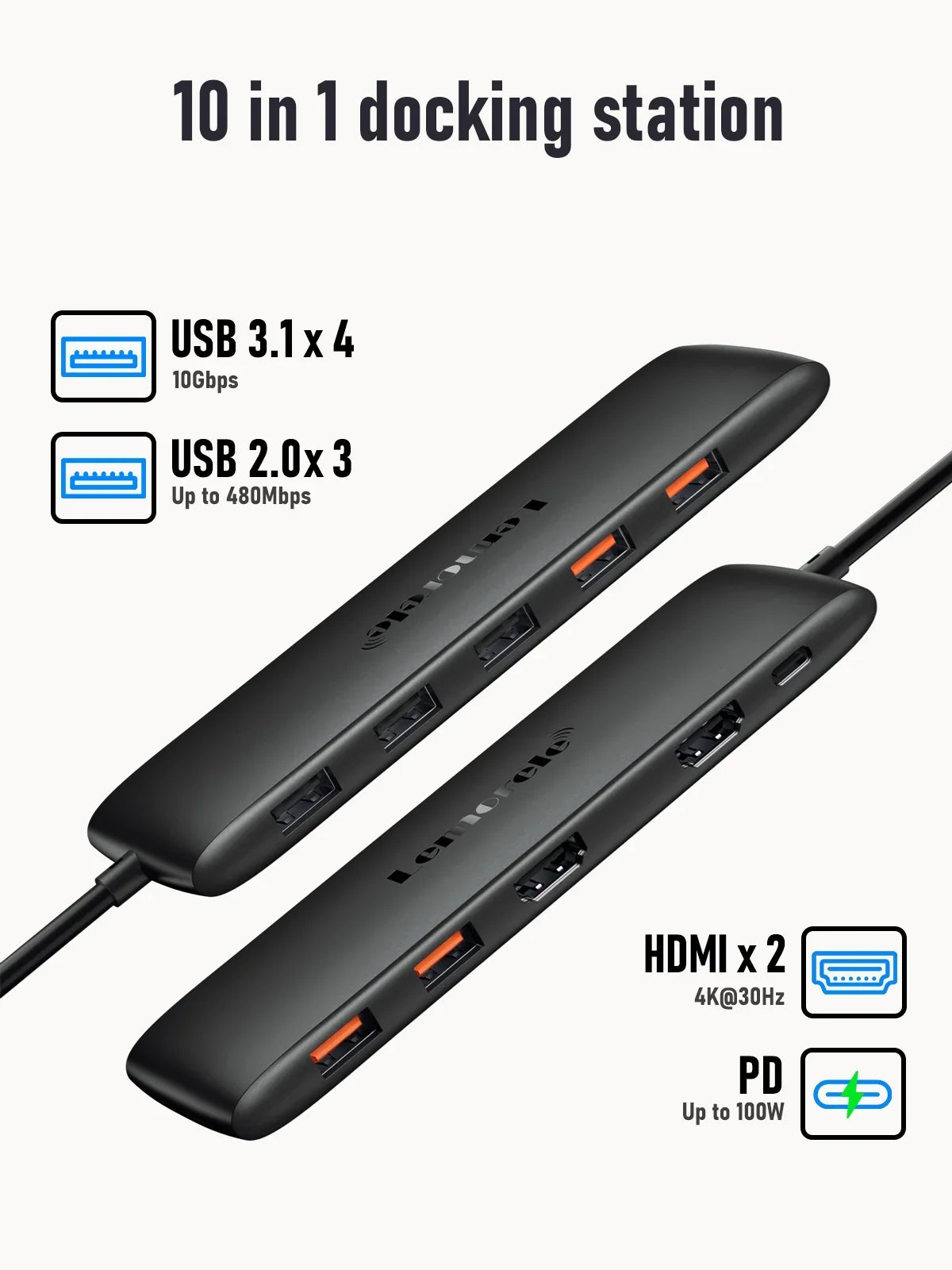 Lemorele 10-in-1 USB C Hub USB C Adapter with 4K 2 HDMI Ports 4 USB 3.1 Gen 2 USB 3.0 Outputs