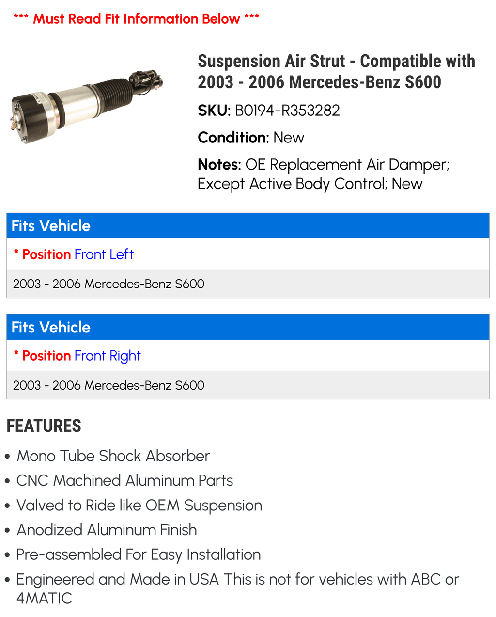 Suspension Air Strut - appropriate with 2003 - 2006 Mercedes-Benz S600 2004 2005