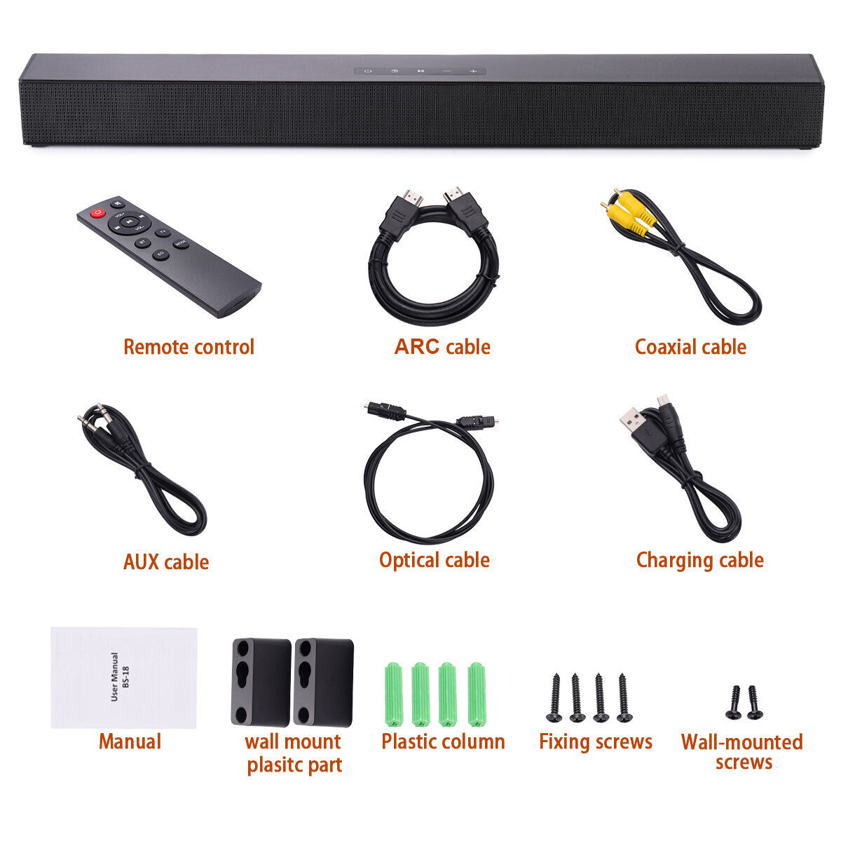 CJC Sound Bars for TV PC Gaming Monitor Sound Bar with Bluetooth 5.0/HDMI ARC/AUX/USB Bass Adjustable Wall Mountable