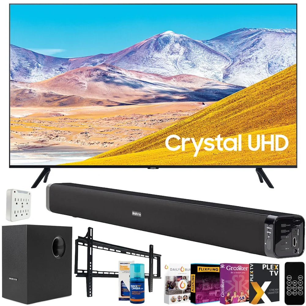 UN65TU8000 65-inch 4K UHD Smart LED TV (2020) Bundle with Deco Gear 60W Soundbar & Subwoofer, Wall Mount, Surge Adapter, Screen Cleaner and TV Digital Essentials (65TU8000 65 Inch TV 65" TV)