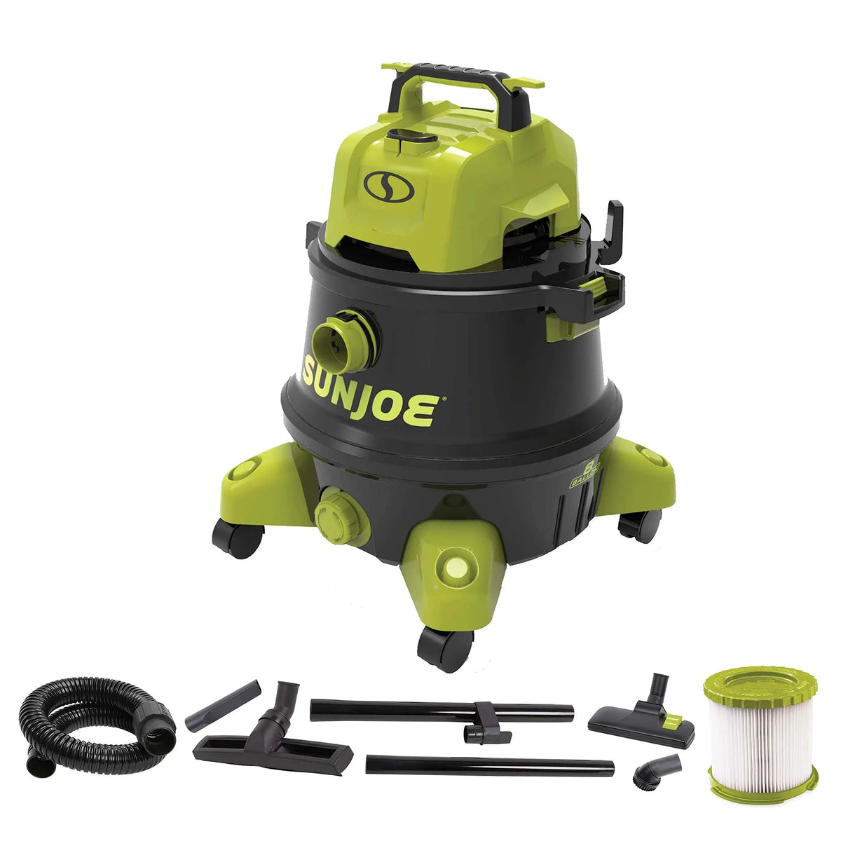 Restored Sun Joe SWD8000 8-Gallon 1200-Watt 6.5 Peak  Wet/Dry Shop Vacuum, HEPA Filtration, Wheeled w/Cleaning Attachments, Black/Green (Refurbished)