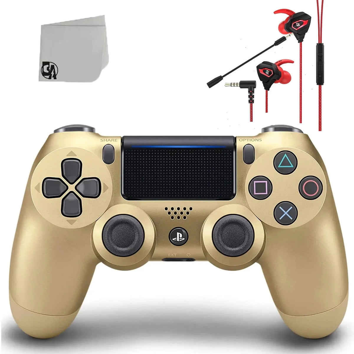 Pre-Owned  Dual Shock Gold Gaming Controller For PS4 Console + Wired Earbuds BOLT AXTION Bundle (Refurbished: Like New)