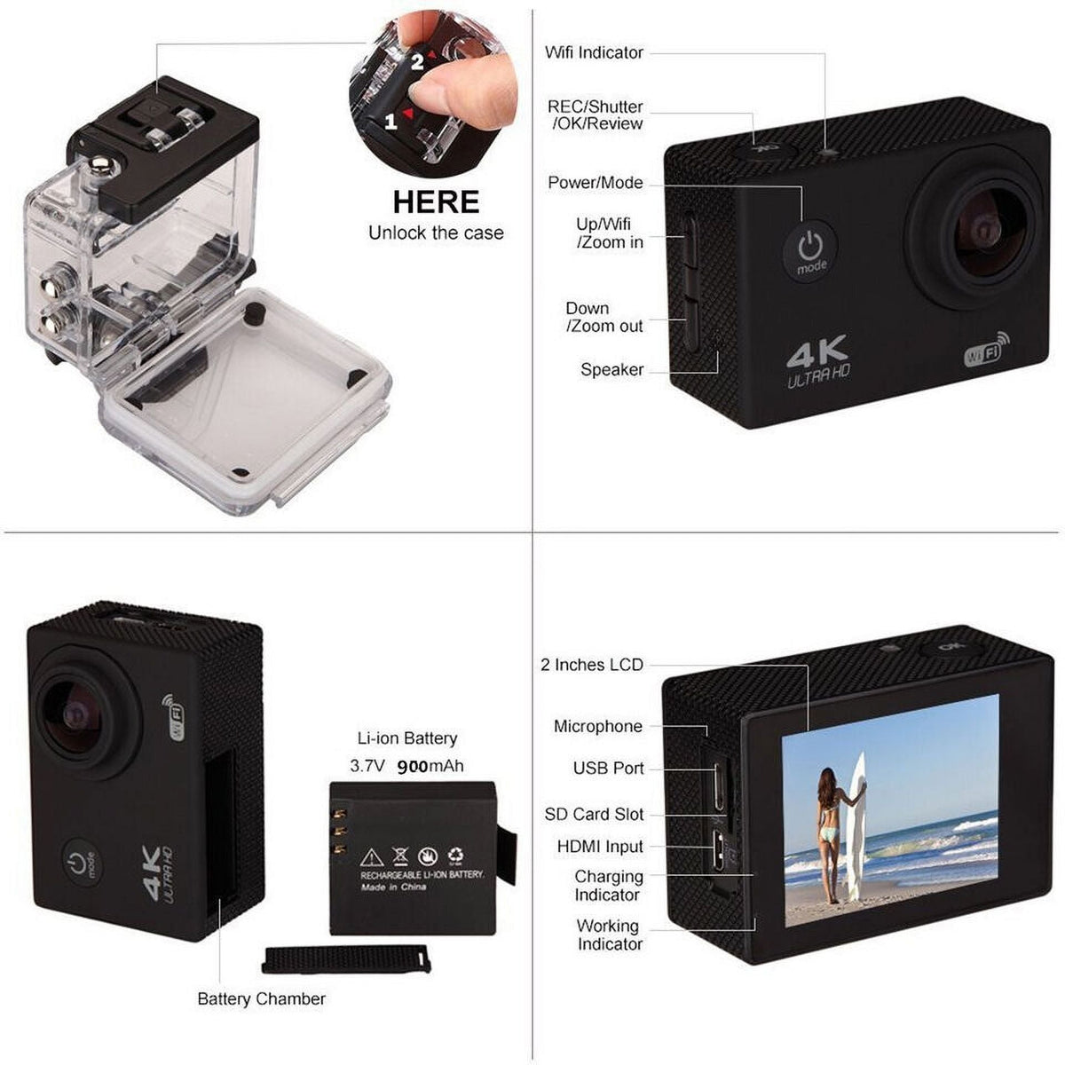Action Camera HD 1080P Sports Camera Under 30M Waterproof, TF Card, Battery, Carry Case Included