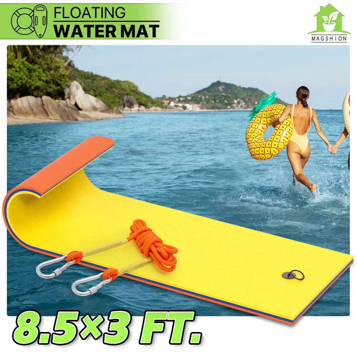 Magshion 9' x 3' aqua Floating Mat, 3-Layer Tear-protected XPE Foam aqua Floating Pad Lily Pad for Pool Lake River Ocean Outdoor liquid Activities, Yellow