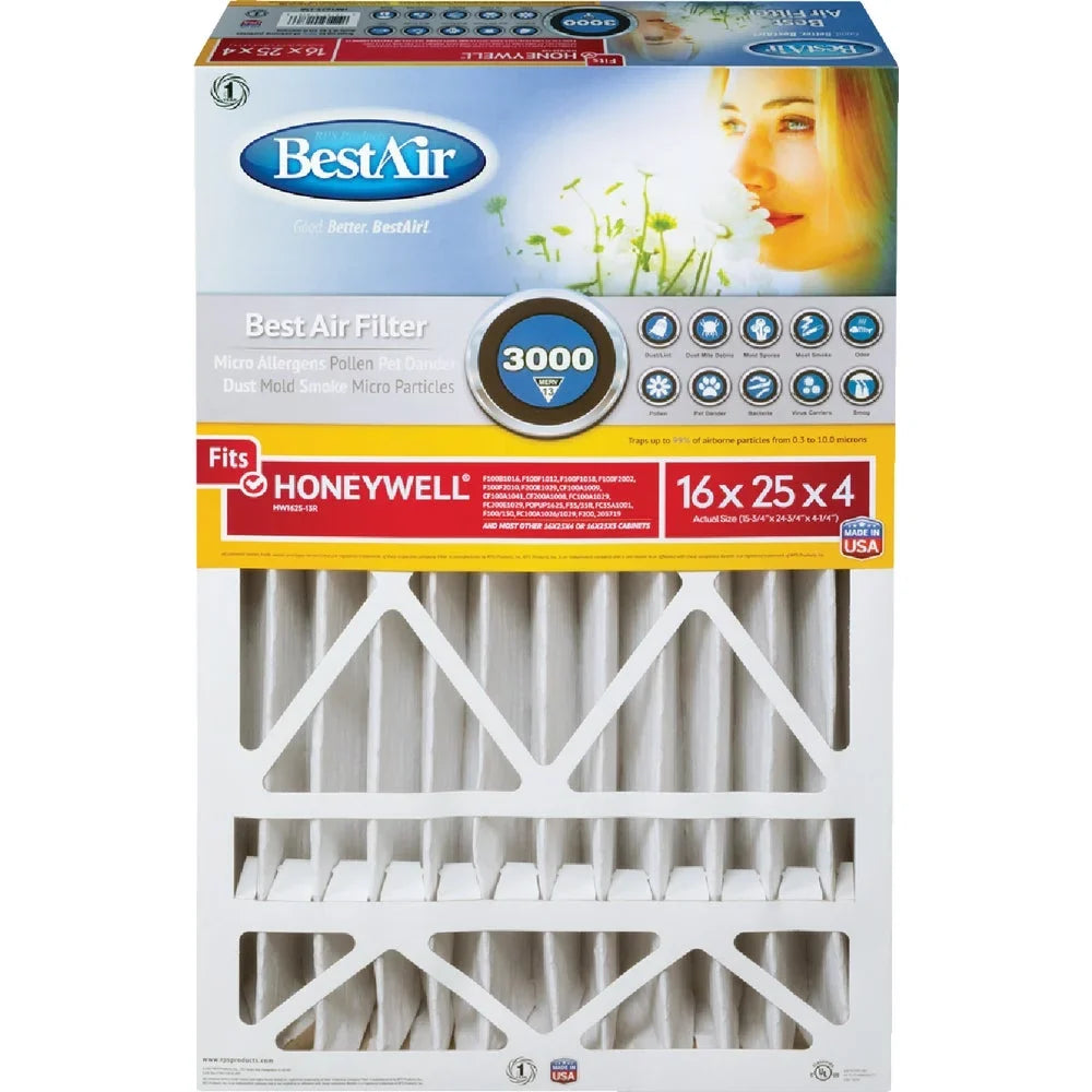 Honeywell MERV 13 Deep Pleat Furnace Filter. x 4 In. x 25 In. 1 PK, BestAir 16 In