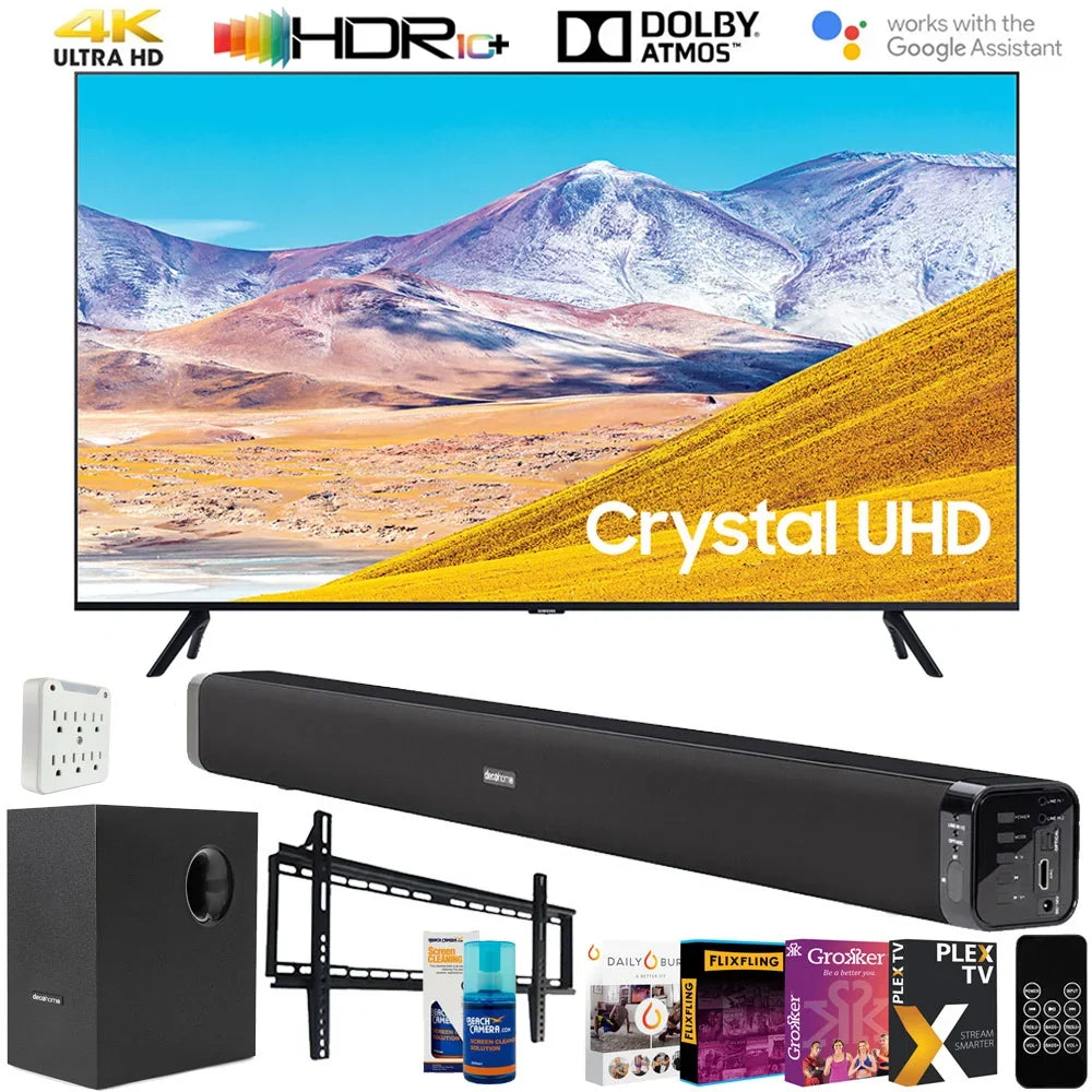 UN65TU8000 65-inch 4K UHD Smart LED TV (2020) Bundle with Deco Gear 60W Soundbar & Subwoofer, Wall Mount, Surge Adapter, Screen Cleaner and TV Digital Essentials (65TU8000 65 Inch TV 65" TV)