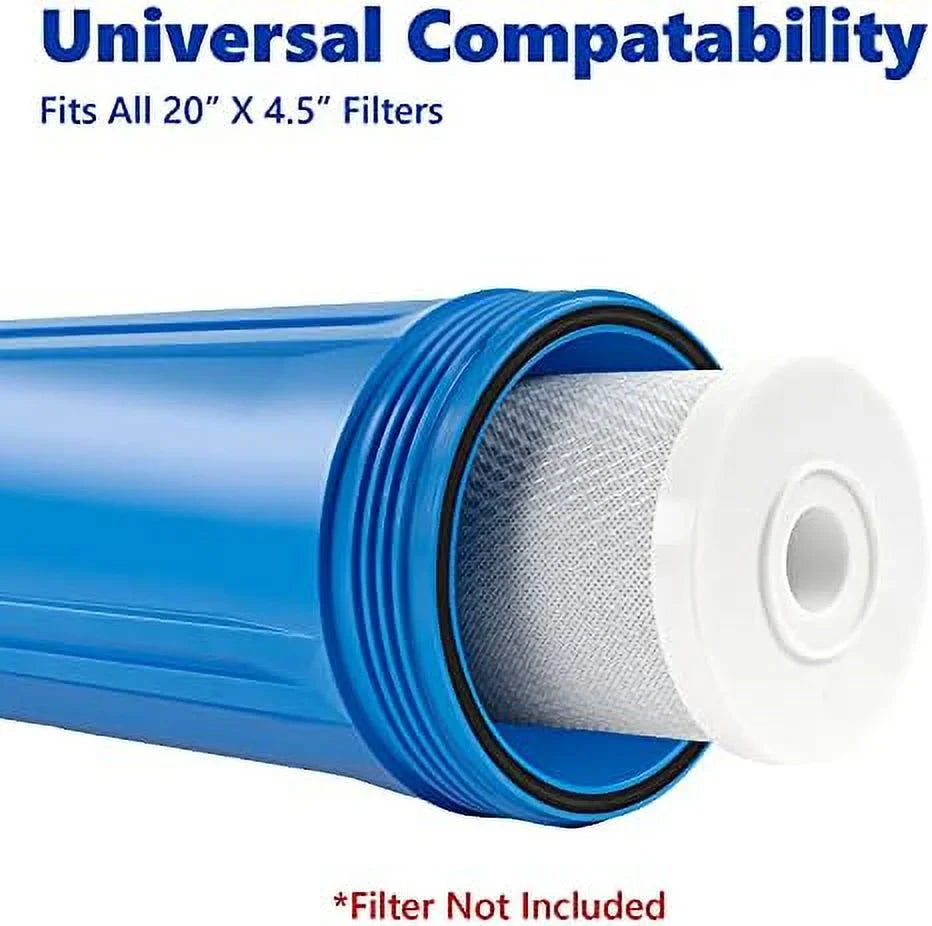 whole house moisture filter housing, universal 20-inch housing 4.5” x 20”, 1-inch npt inlet outlet, heavy duty standard size replacement includes wrench, pressure release button