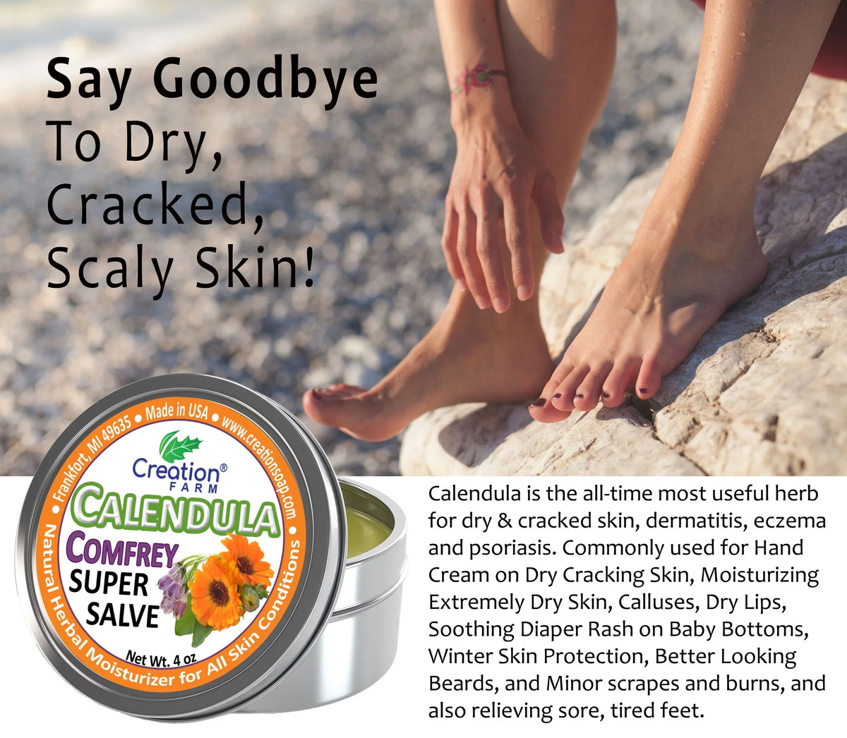 Calendula Comfrey Salve 4 oz Tin, Herbal Skin Rash Ointment, Wound Treatment Tin 4 oz by Creation Farm