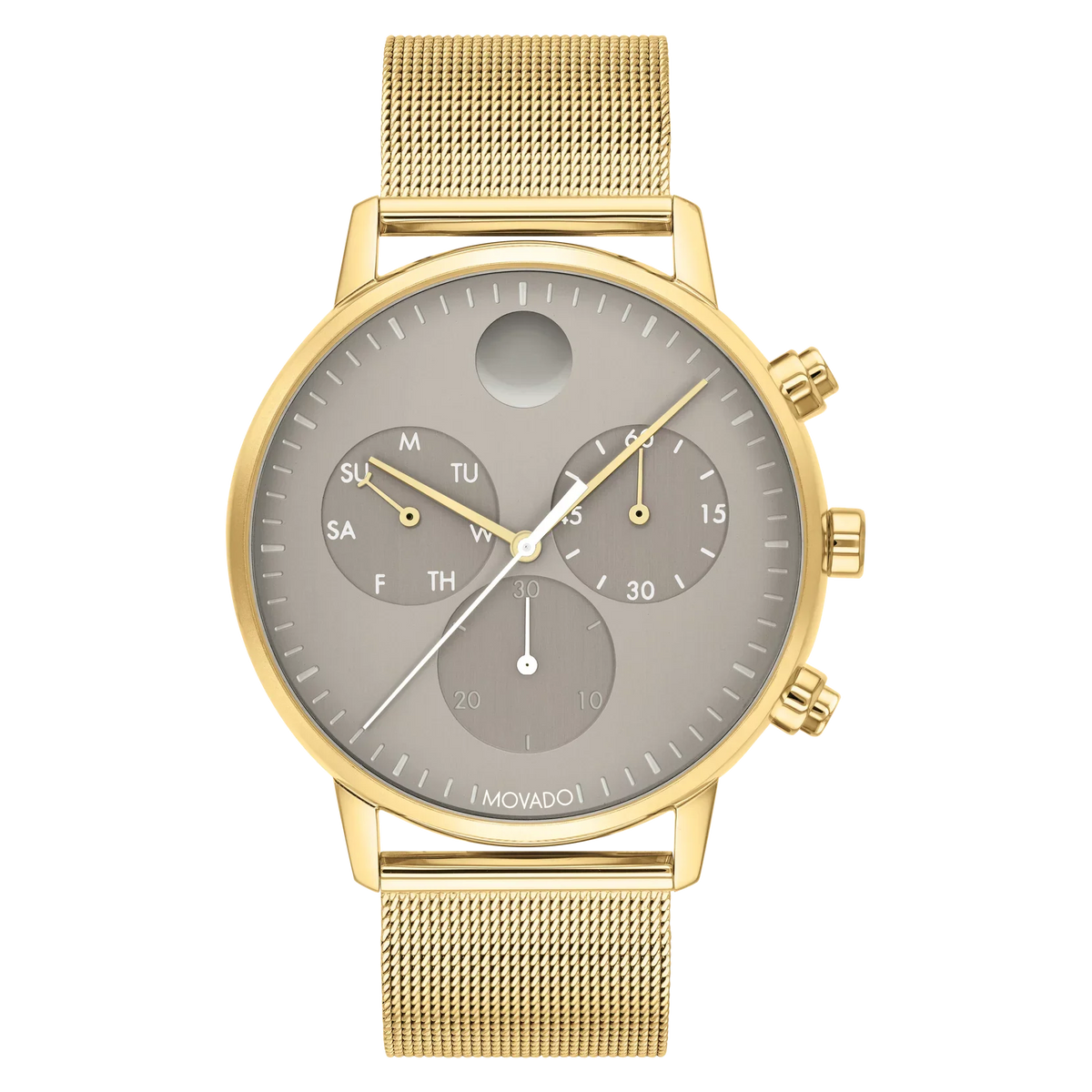Movado Face 43MM Yellow Gold Ion-Plated Steel Case, Mesh Band Grey Dial Watch 3640052