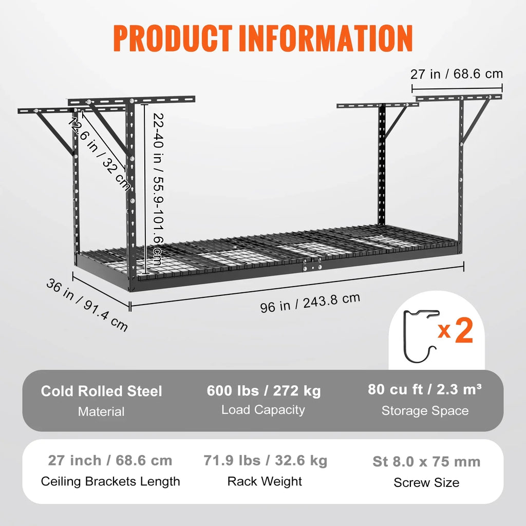 SKYSHALO Overhead Adjustable Garage Storage Stand 36x96in Ceiling Stand 600lb Black
