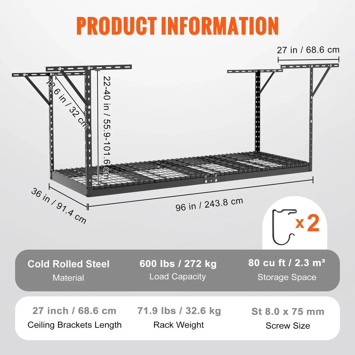 SKYSHALO Overhead Adjustable Garage Storage Stand 36x96in Ceiling Stand 600lb Black
