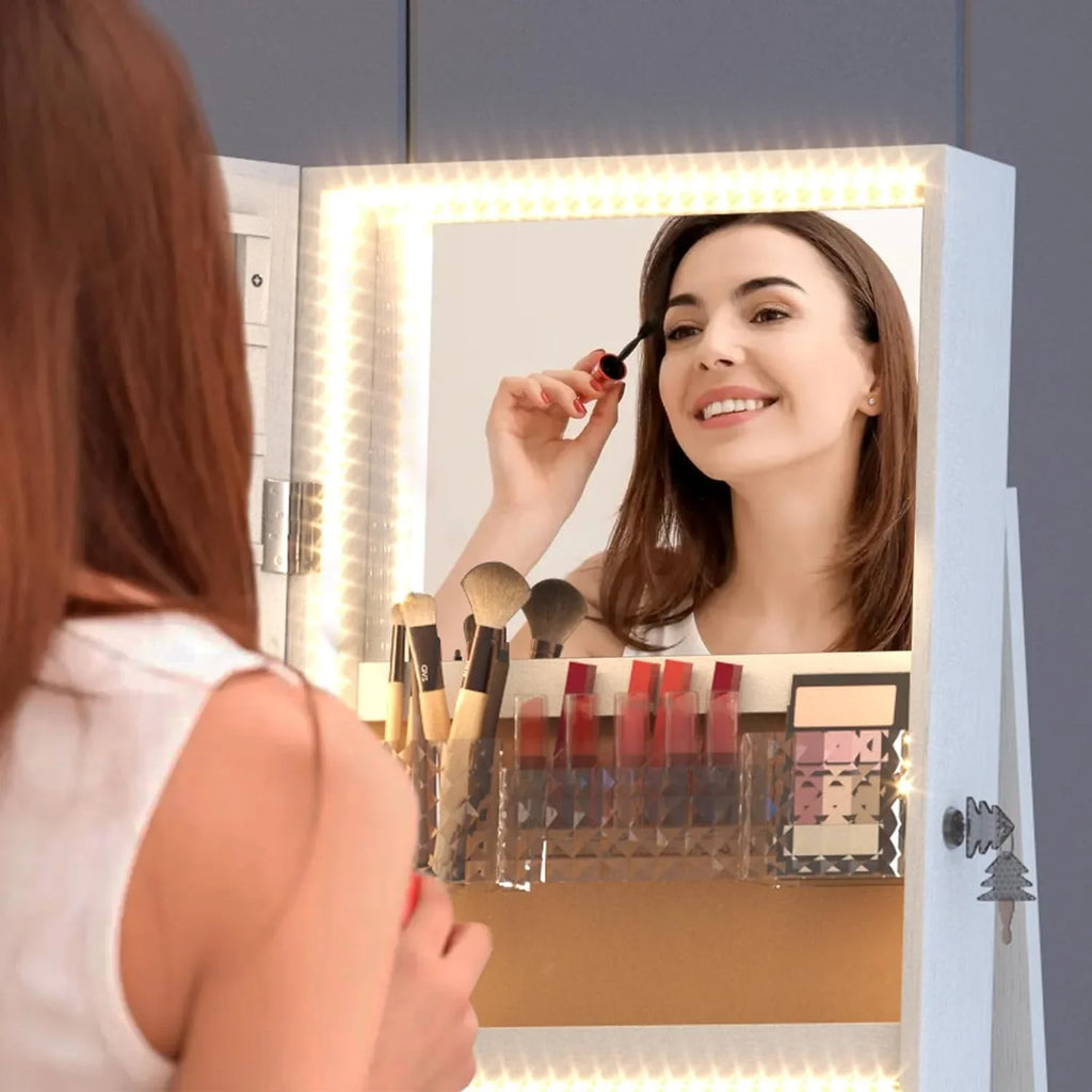 HAOFEI 360° Swivel Jewelry Mirror Cabinet with Lights, Standing Jewelry Armoire Organizer Rotatable Full Length Mirror with Jewelry Storage, Lockable with Rear Storage Shelves, Built-in Makeup Mirror