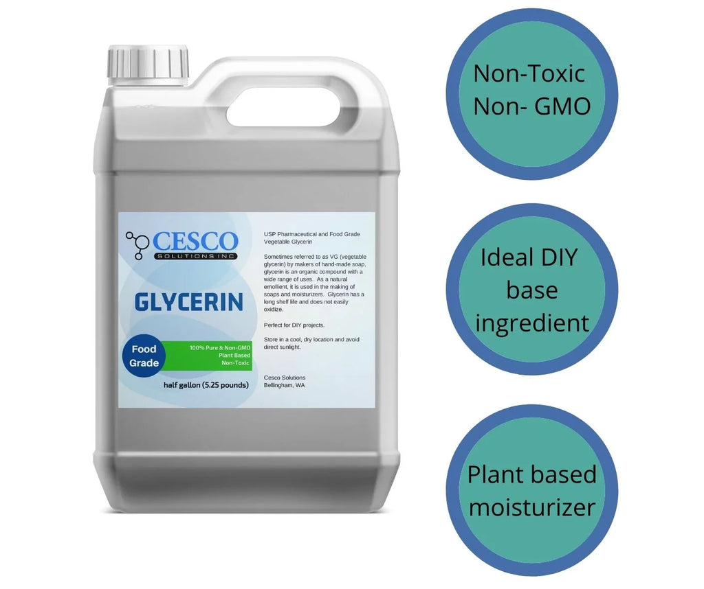 Cesco Solutions Pure Vegetable GLYCERIN - Plant-Based, Non-GMO, Non-Toxic Liquid Glycerin for DIY Soap Making - Natural Emollient Ingredient for Skin Moisturizers in Spill-Free Packaging - 64 Oz